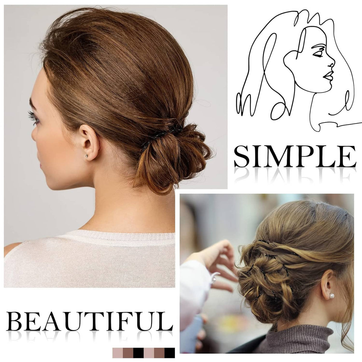 Hair bun updo secured with black 3-inch U-shaped hair pins