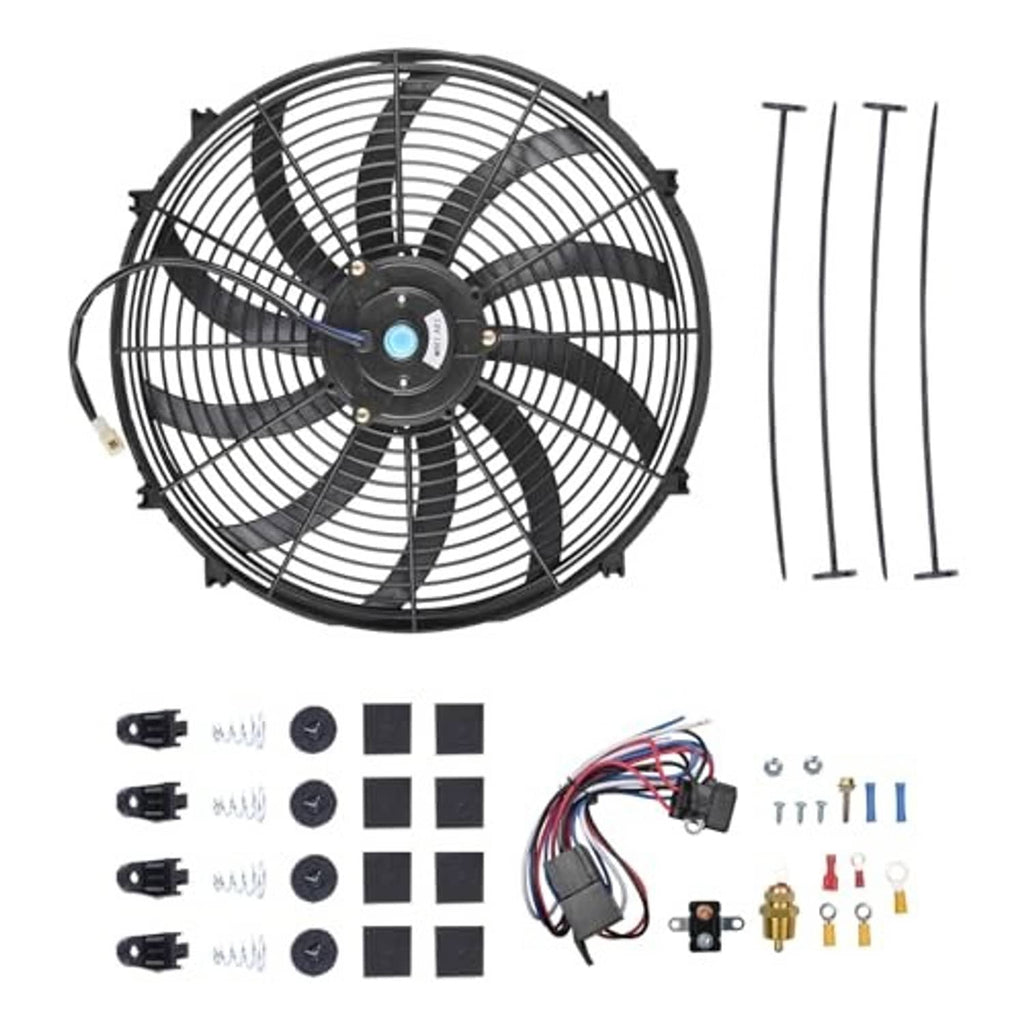 Black 16-inch radiator cooling fan with thermostat wiring harness and mounting parts