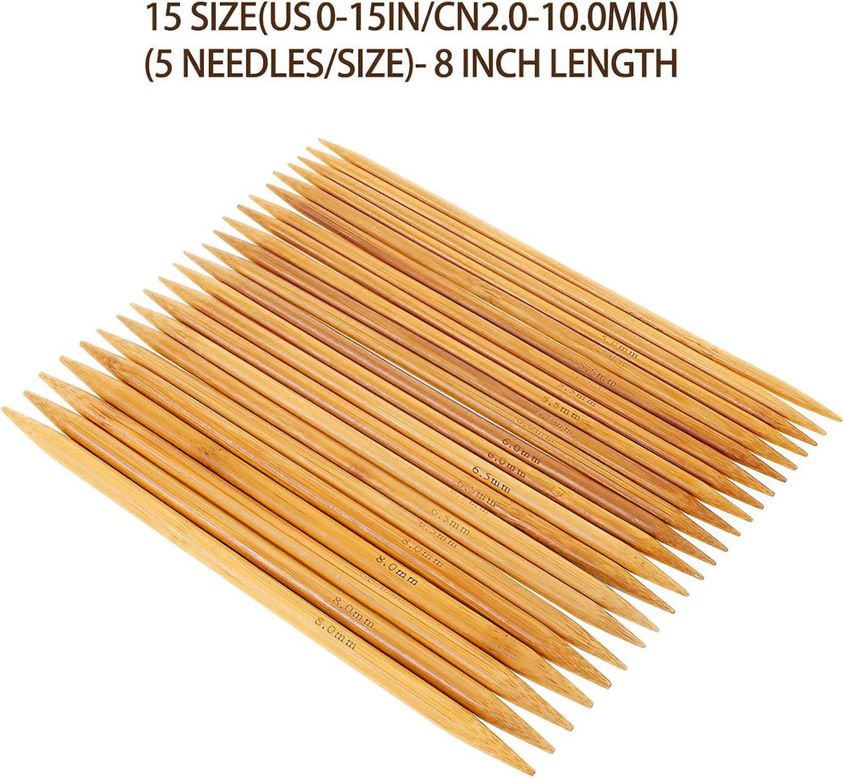 Bamboo double-pointed knitting needles set, 15 sizes, bundled tips arranged in a fan