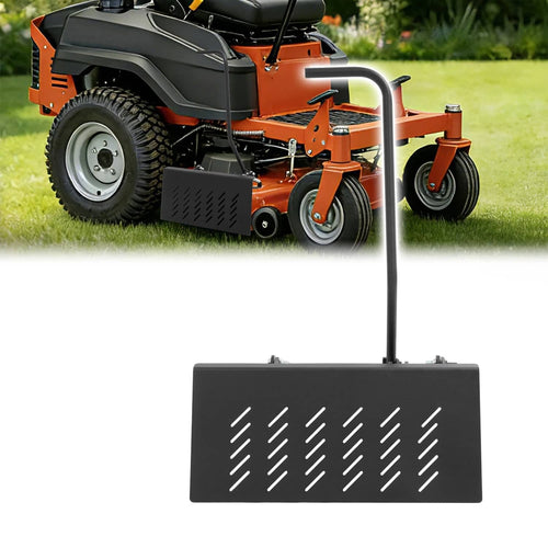 Lawn mower chute blocker attachment with black deflector plate and mounting arm