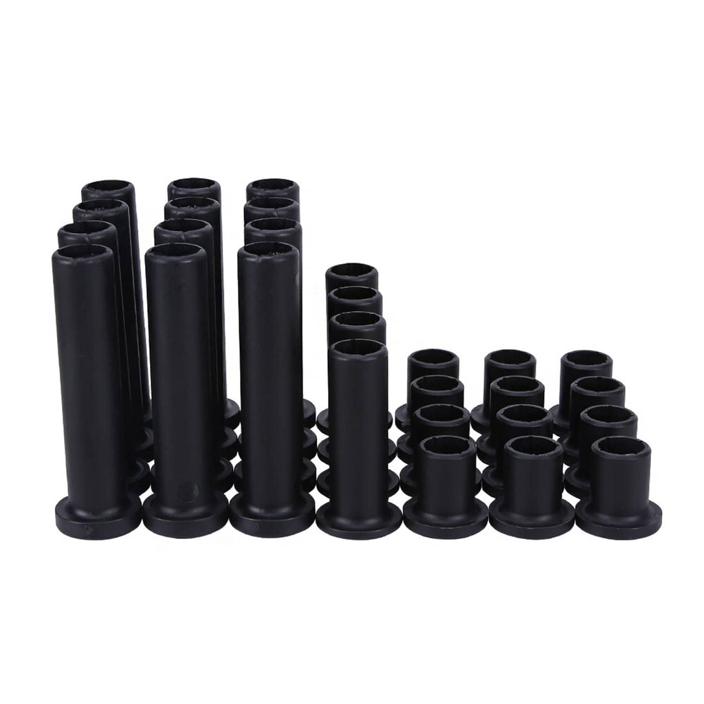 Black A-arm bushing set featuring upright cylindrical sleeves of varying height