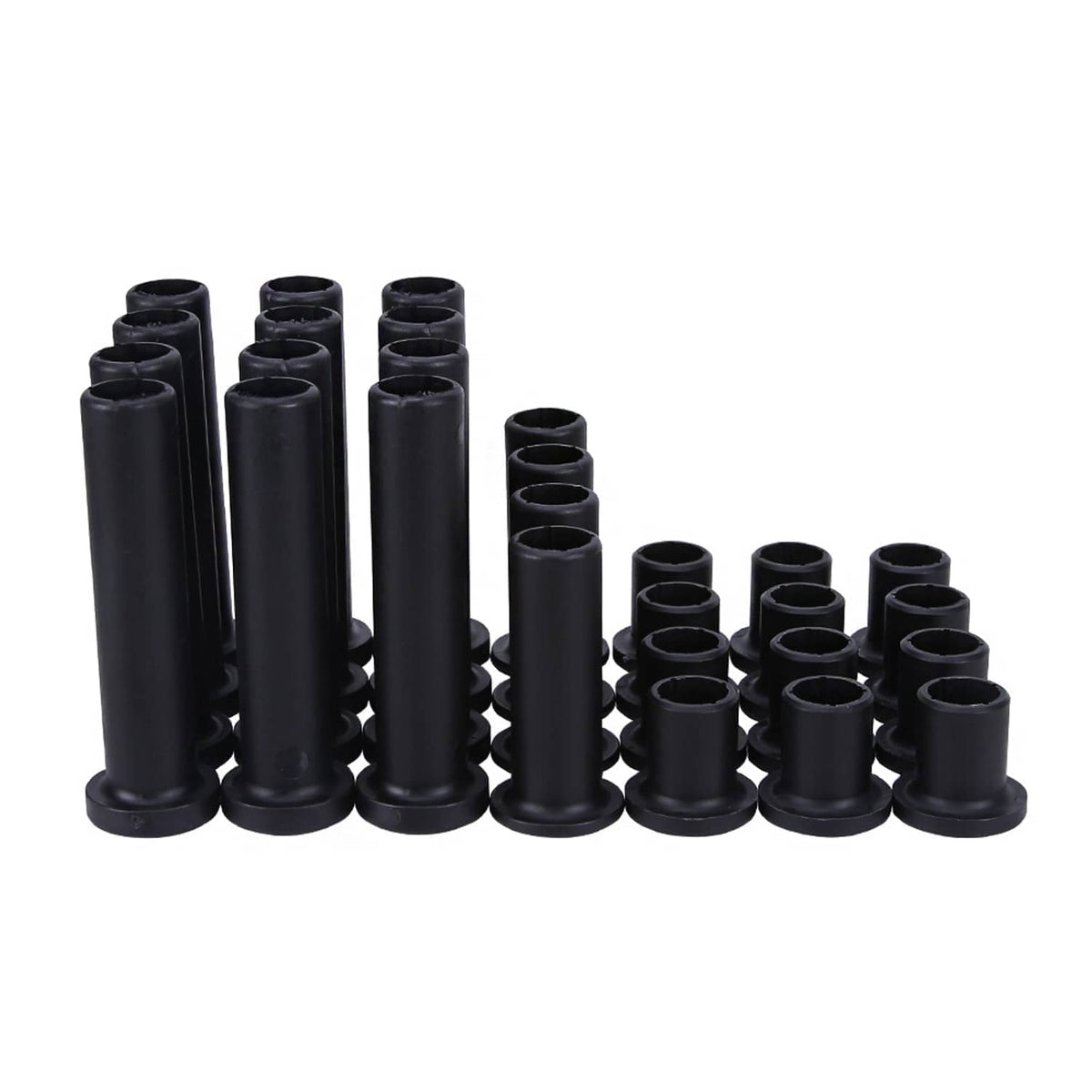 Black A-arm bushing set featuring upright cylindrical sleeves of varying height