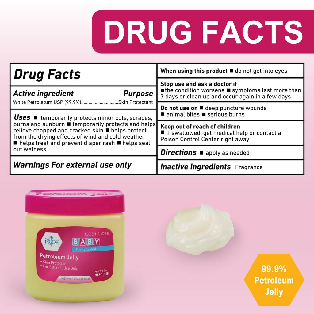 Petroleum jelly jar with pink lid and Baby Fresh Scent label, with a dollop of clear jelly