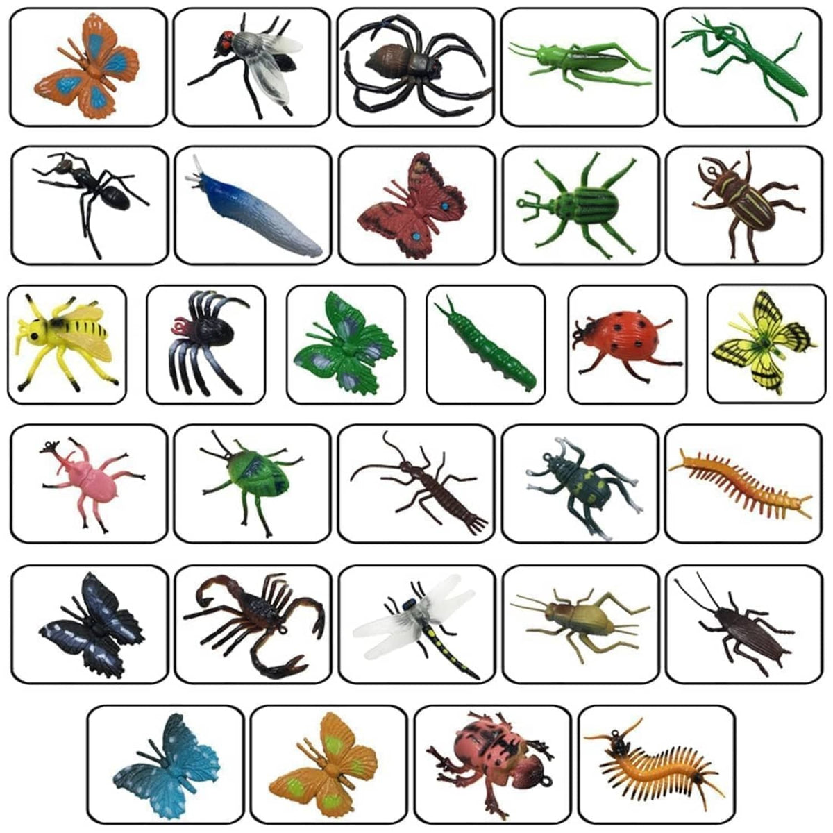 Grid of assorted plastic insect toys in individual boxes