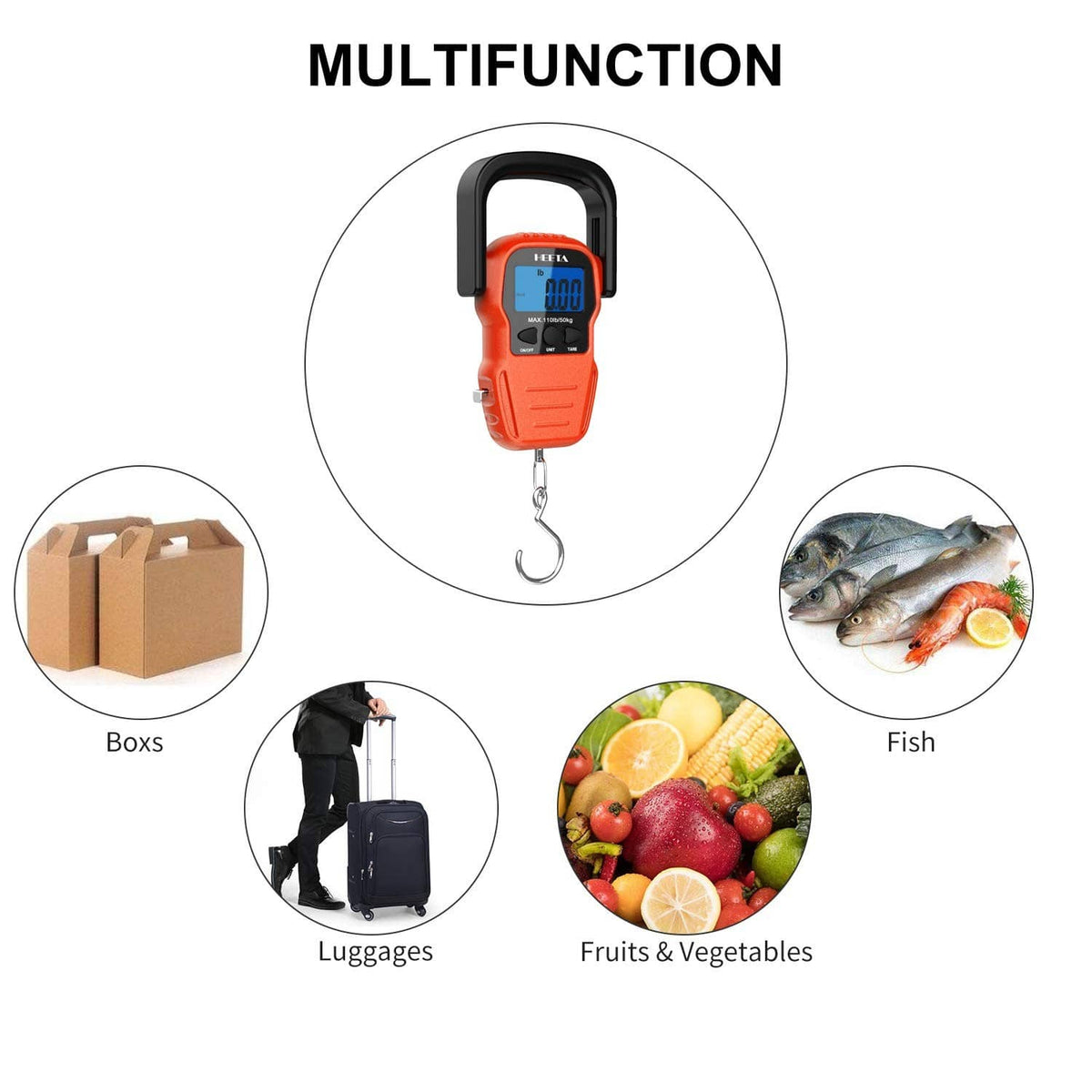 Digital hanging scale for boxes, luggage, and fish, with LCD screen