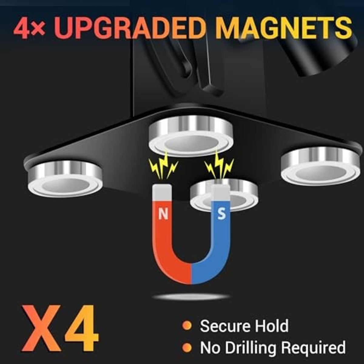 Black magnetic flag pole holder base with magnet N/S graphic under pole