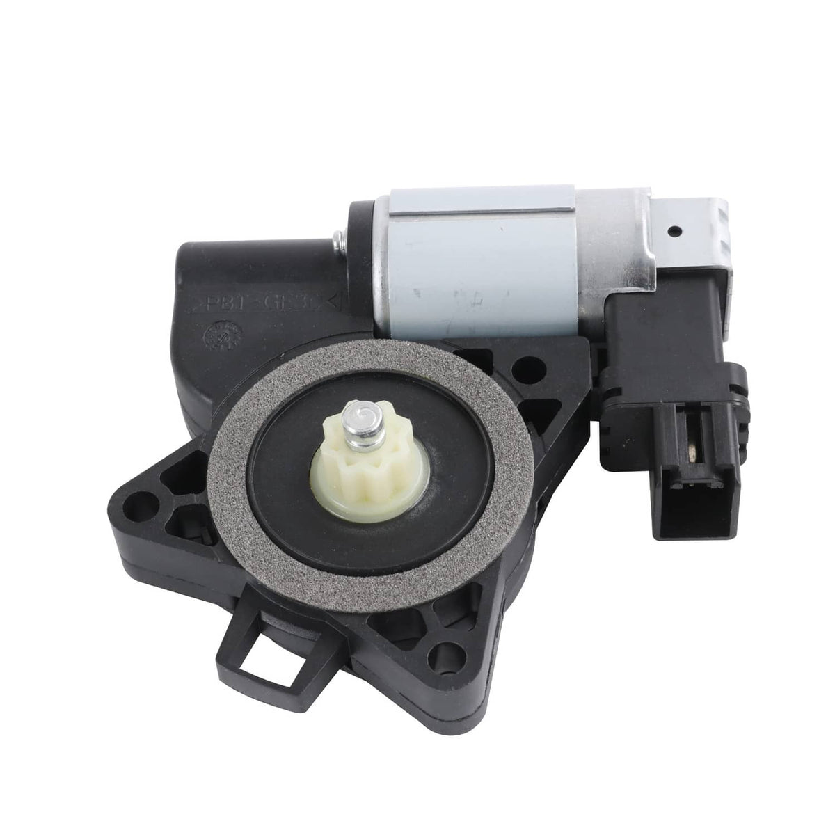Power window regulator motor with round actuator and light-colored connector plug