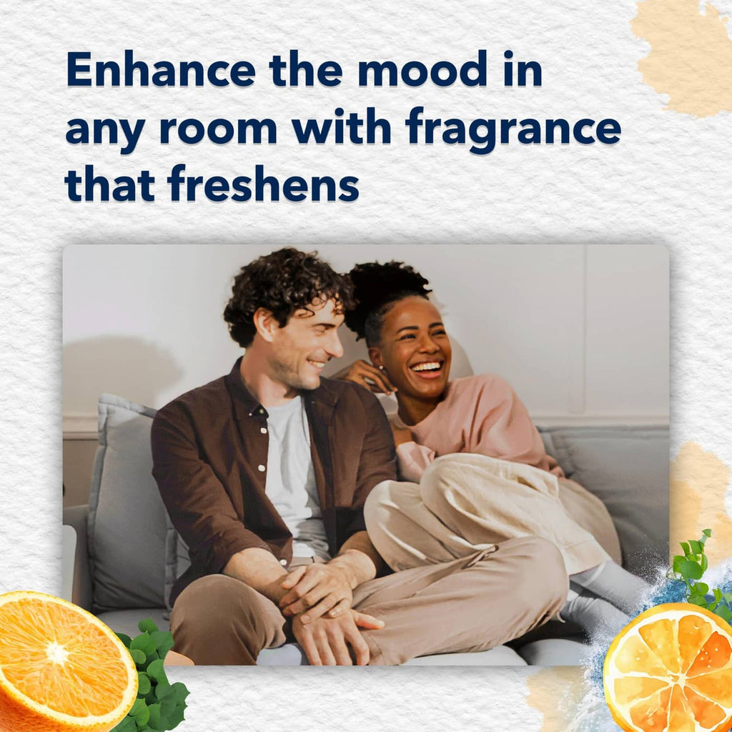 Glade PlugIns coastal air scent concept with smiling couple relaxing on couch