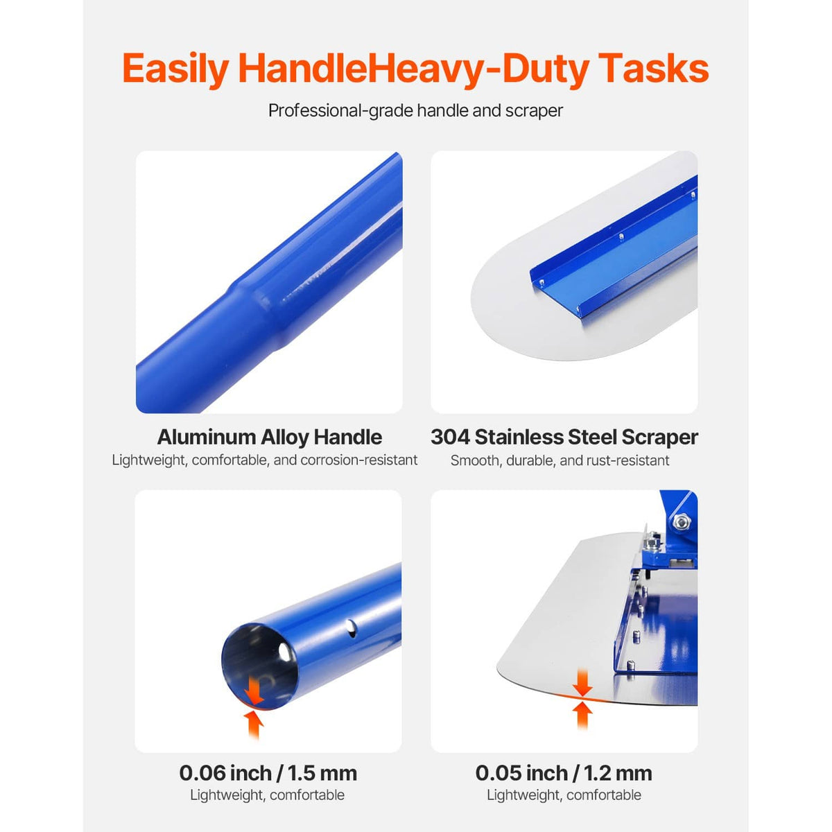 Blue concrete bull float components: aluminum handle and stainless steel scraper