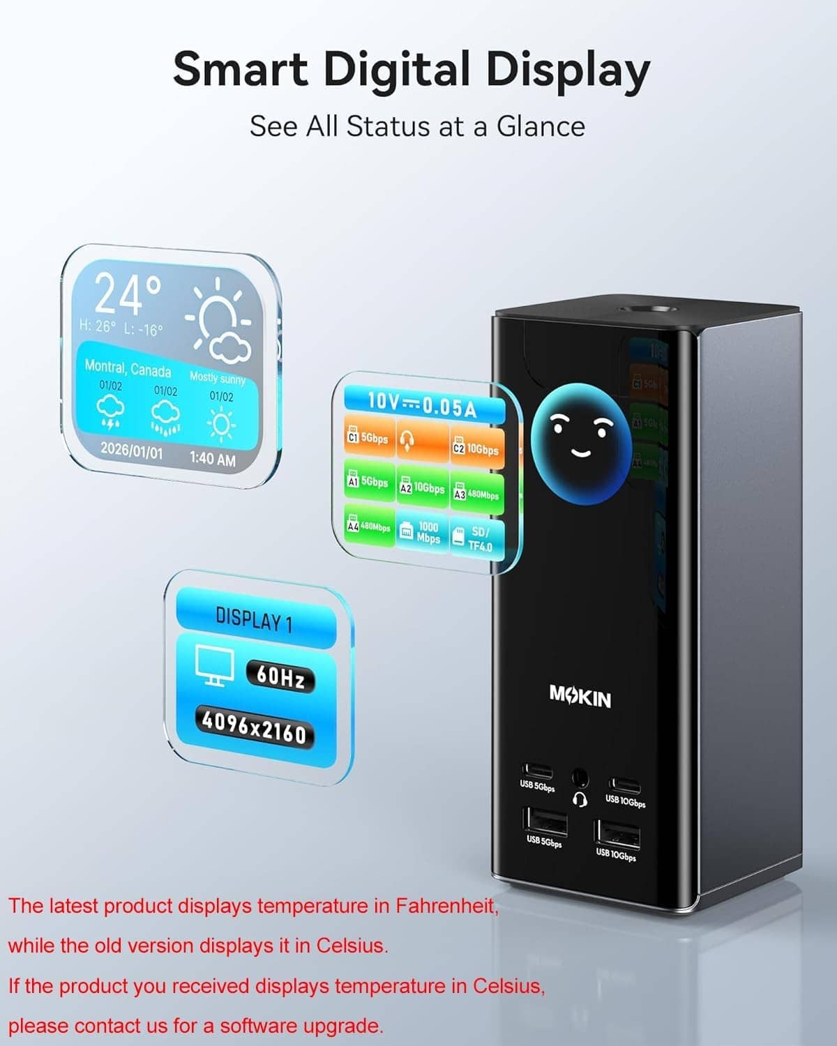 USB-C docking station with smart digital weather display panel, black-and-silver design