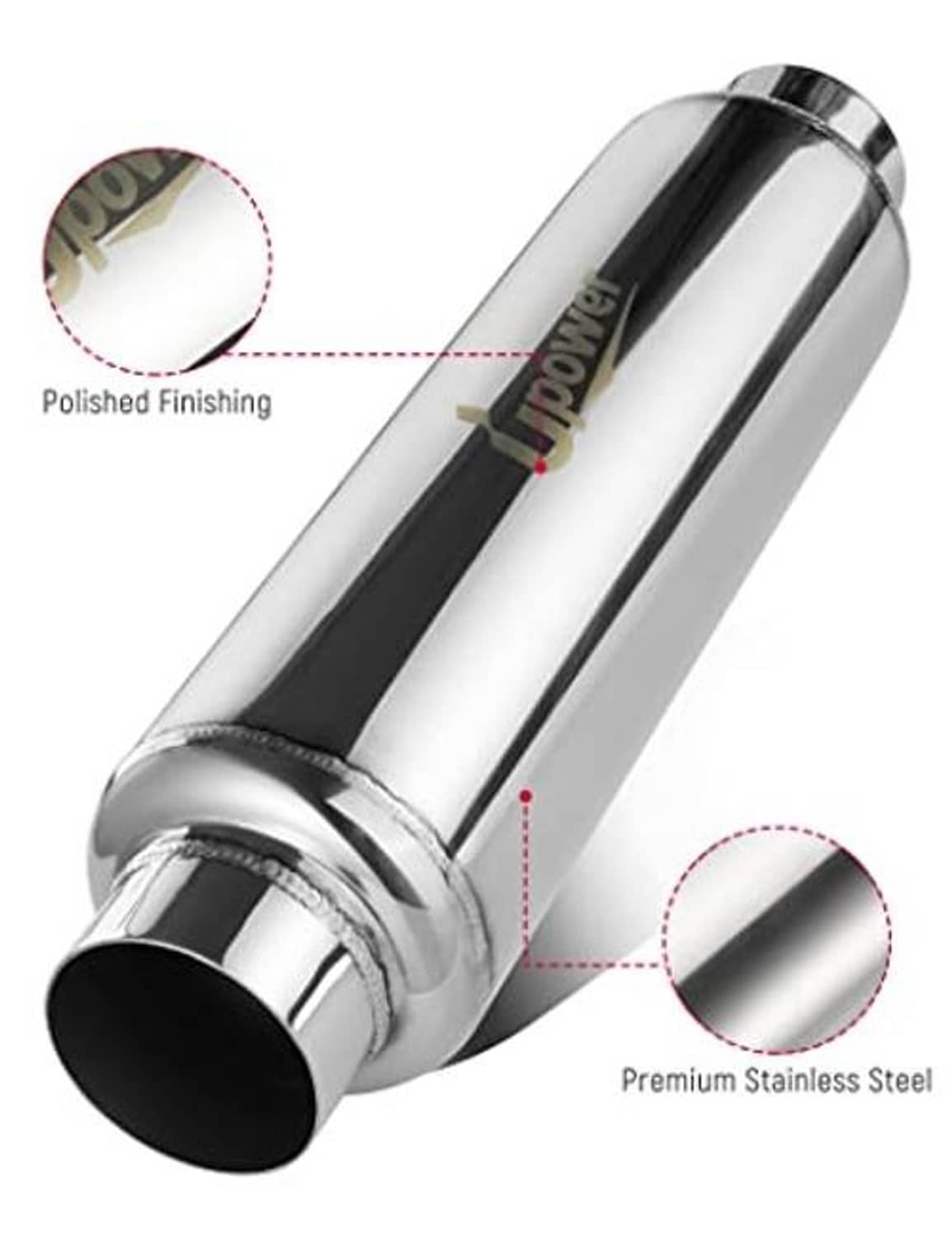 Polished stainless steel exhaust resonator with premium steel body and 2.5 in end