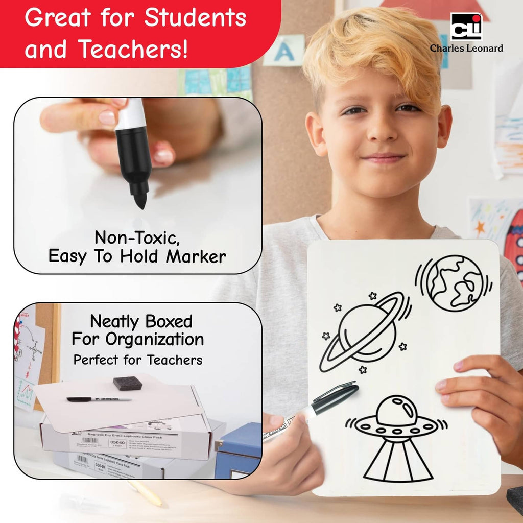 White lapboard with dry erase marker held by a student, classroom learning