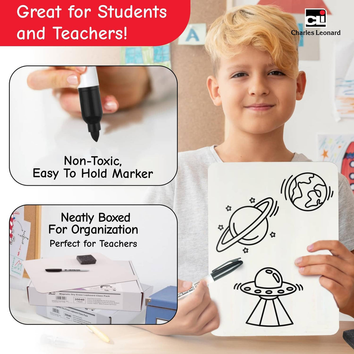 White lapboard with dry erase marker held by a student, classroom learning