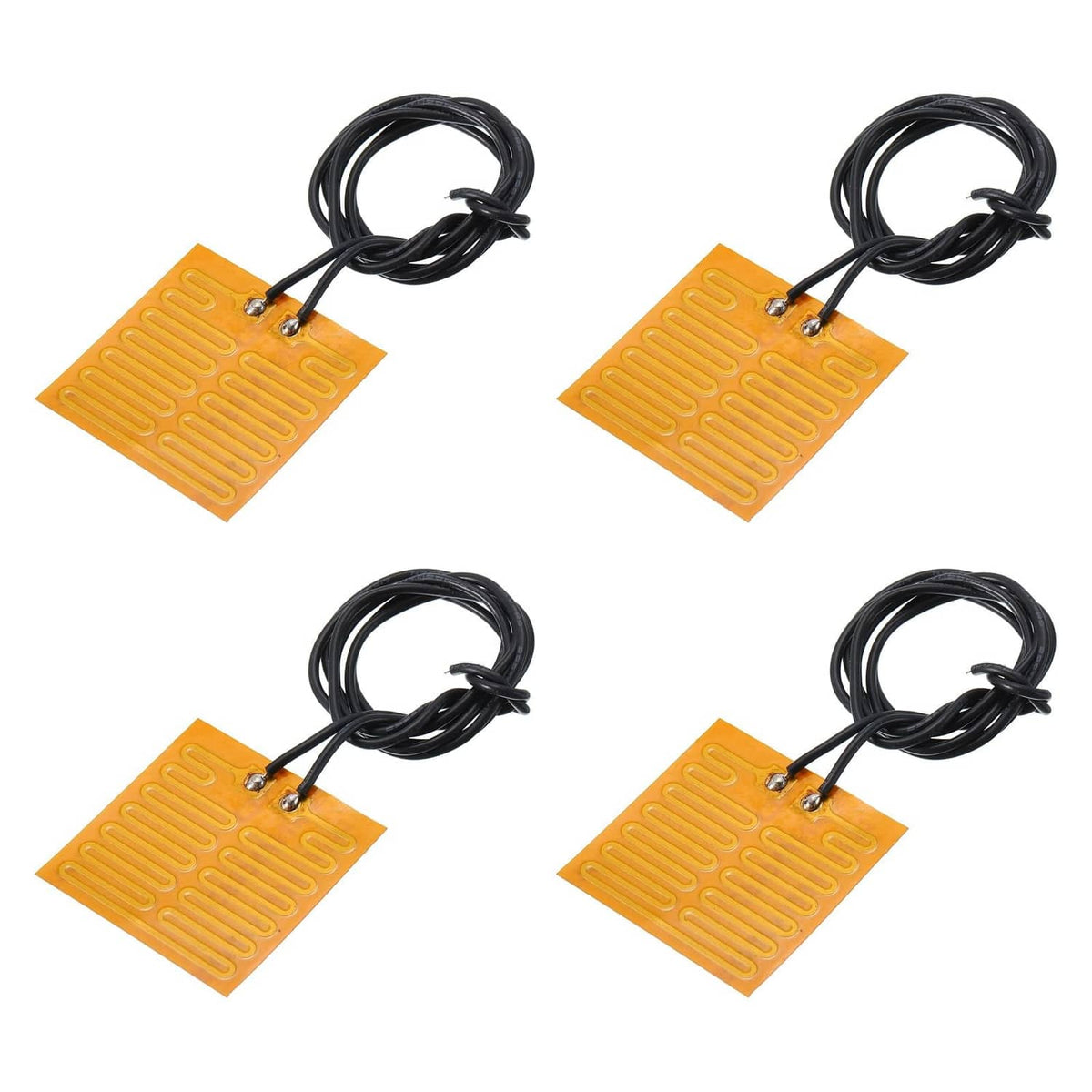Orange film heater pad with black leads and metal terminals, polyimide adhesive