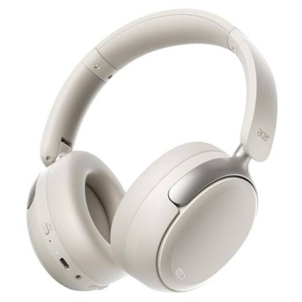 Memory white over-ear noise cancelling headphones with padded headband and ear cups.