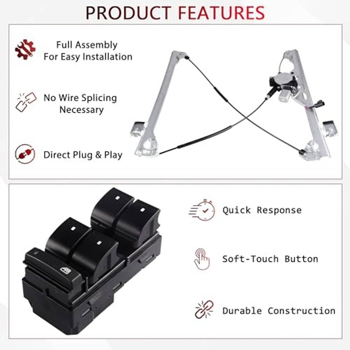 Window regulator kit components with plug-and-play assembly and black switch module
