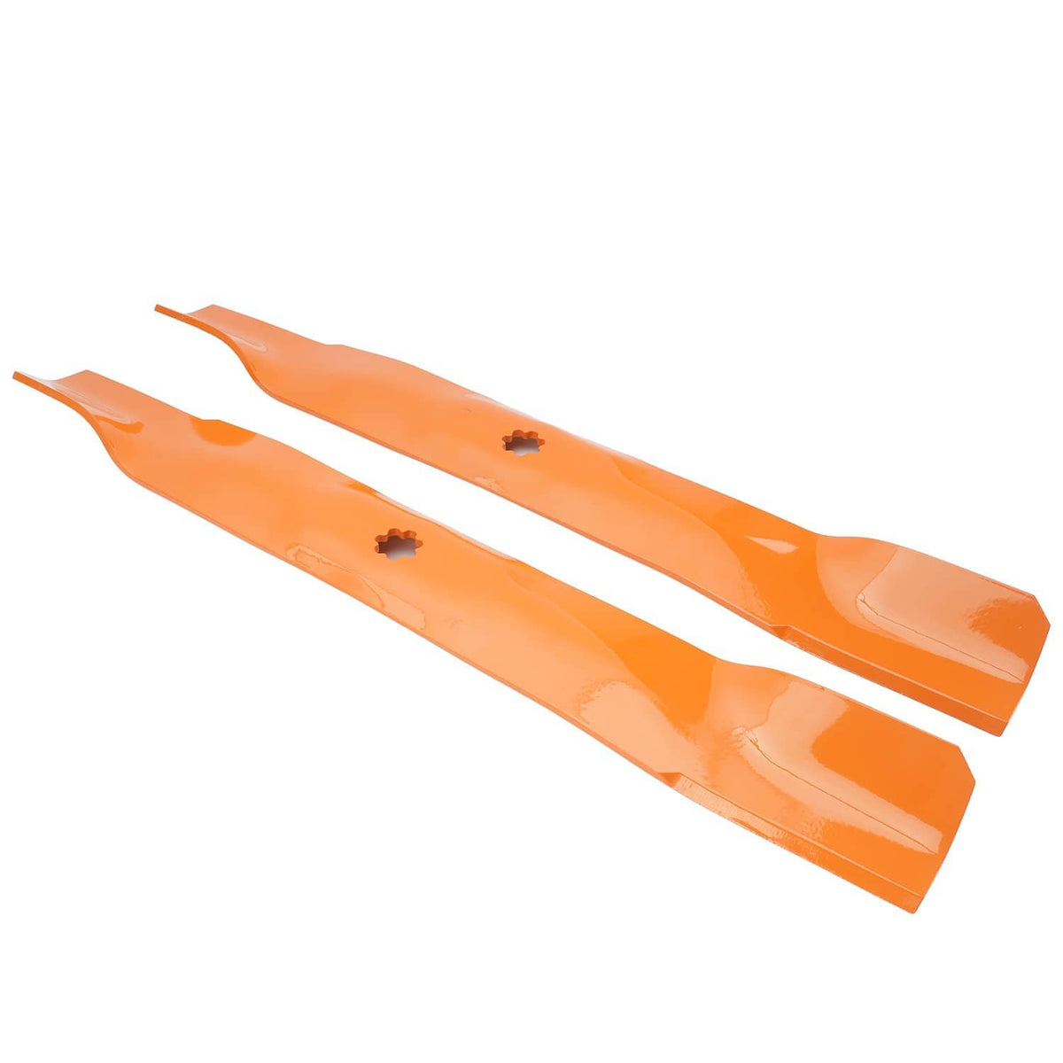Pair of orange mower deck blades with bolt holes and raised cutting edges