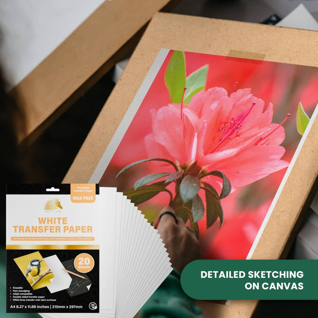 White transfer paper stack with 20 sheets for detailed sketching on a canvas