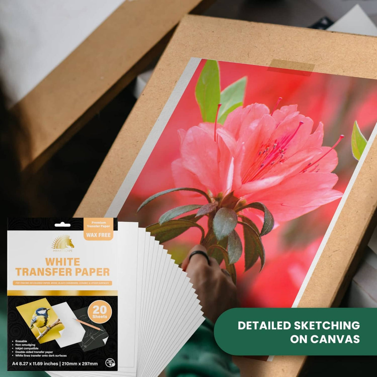 White transfer paper stack with 20 sheets for detailed sketching on a canvas