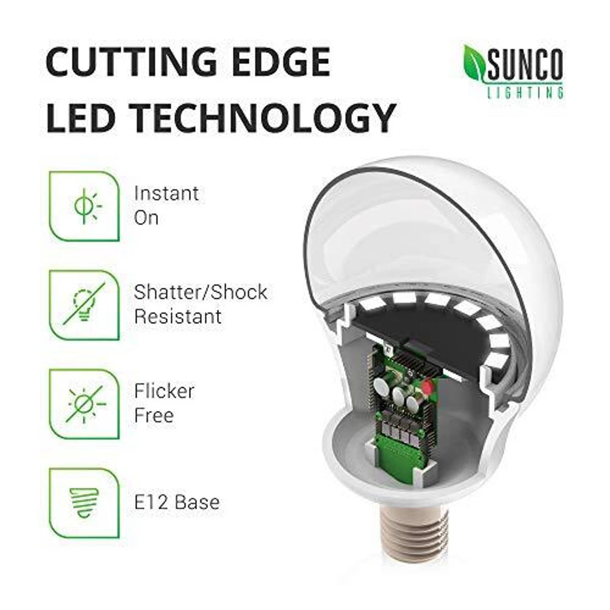 E12 candelabra LED bulb cutaway showing internal components in white bulb