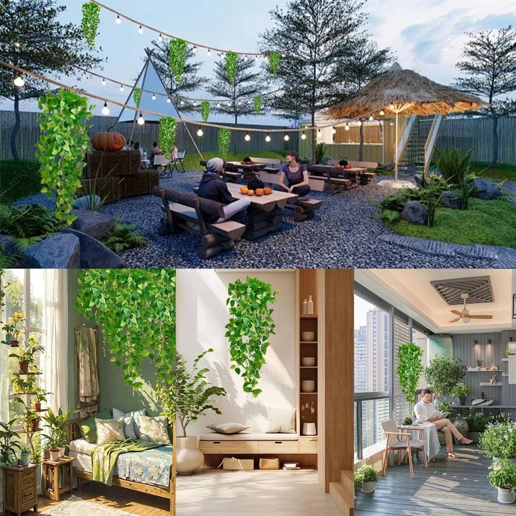 Artificial hanging vine plants with green leaves for outdoor patio decor, multiple strands
