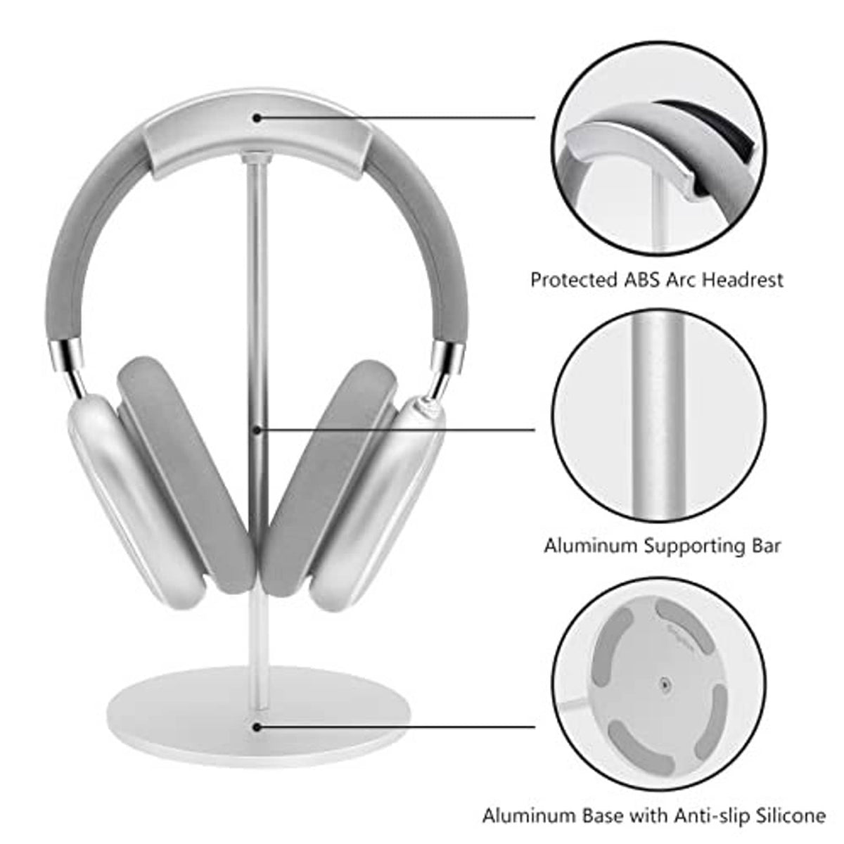 Silver headphone stand with arc headrest, aluminum support bar, and round base