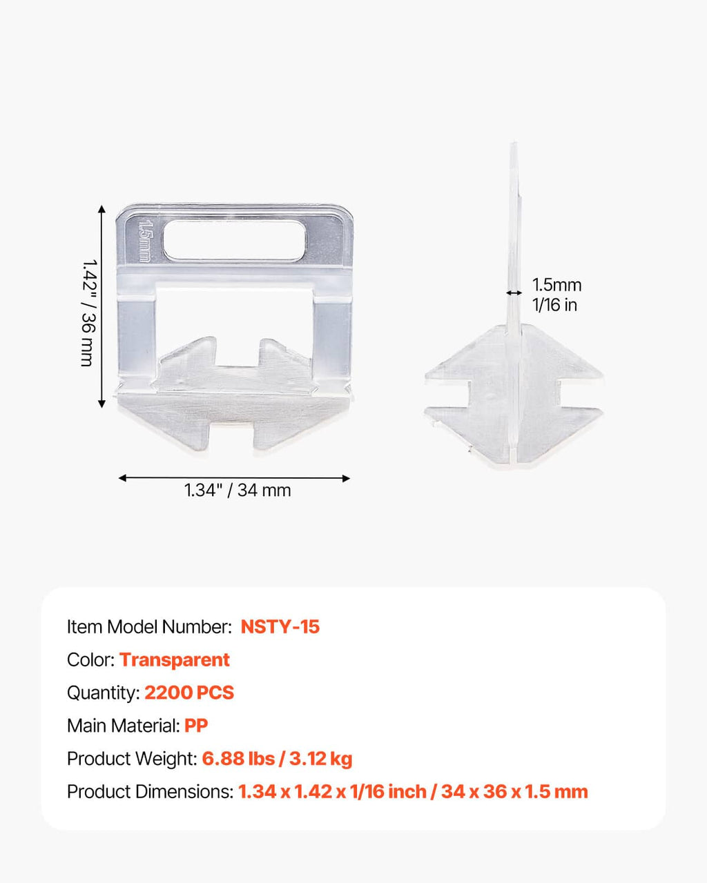 Transparent tile leveling clip with measuring view showing 1.5mm thickness wedge