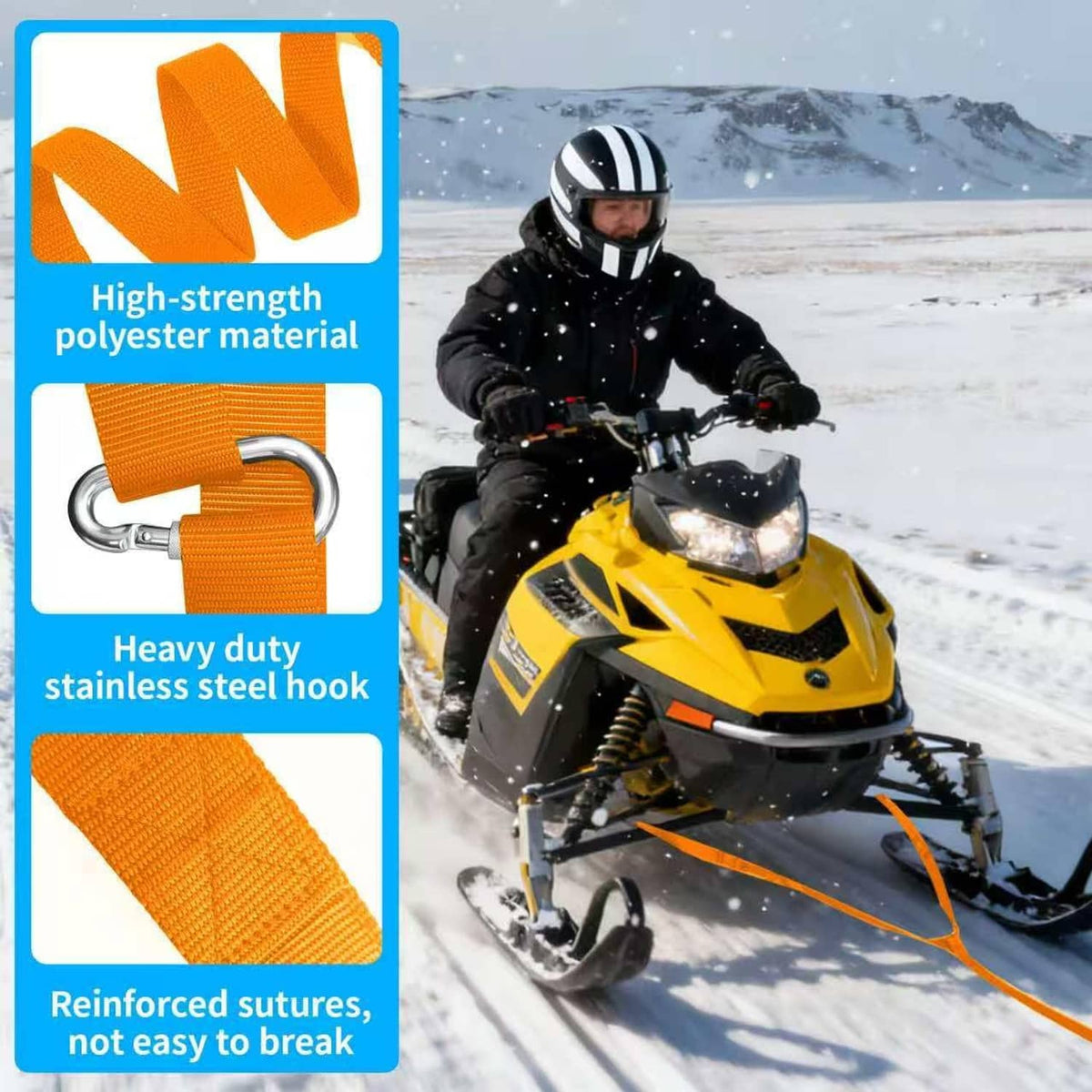 Orange polyester tow strap with reinforced stitching and heavy-duty stainless steel hook
