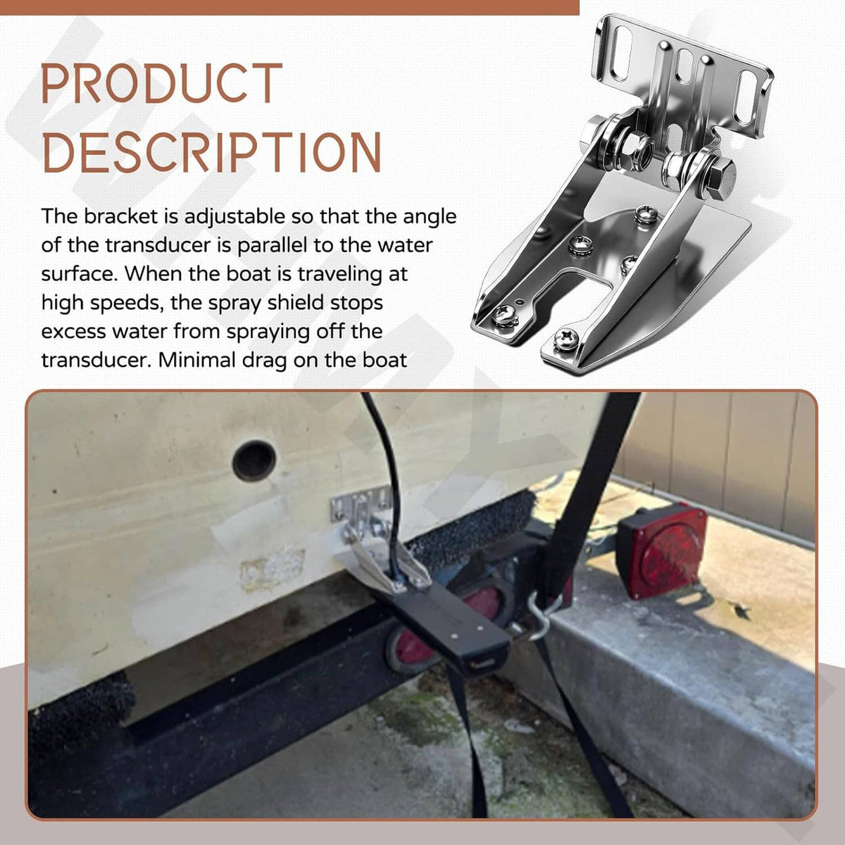 Adjustable stainless steel transom mount bracket with spray shield and base plate