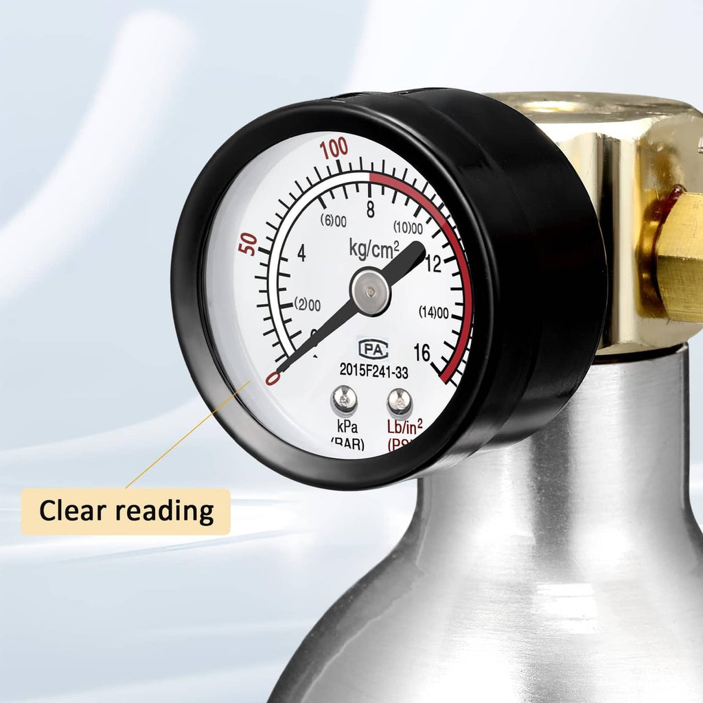 Close-up of AC flush kit pressure gauge on yellow canister, showing readable PSI and kPa
