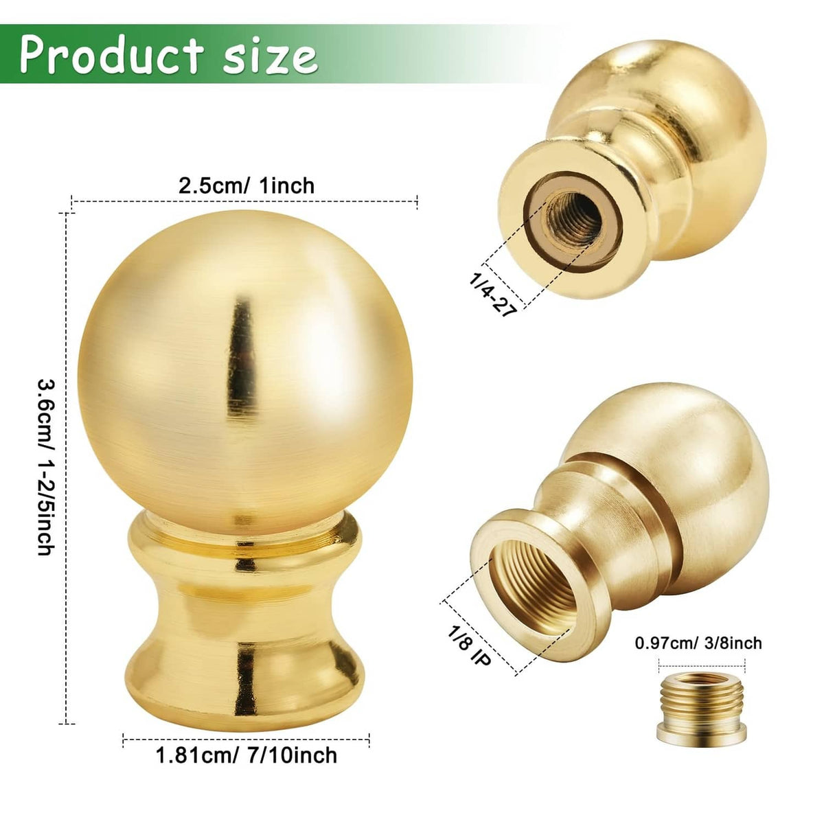 Gold ball lamp finial cap knob with threaded end; size measurements shown