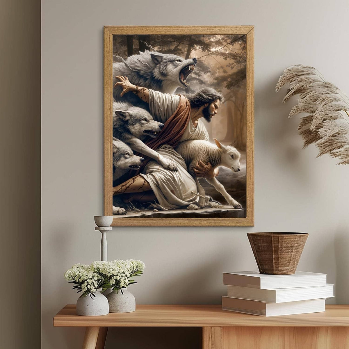 Framed Jesus and lamb canvas wall art centered on wall with shelf decor nearby