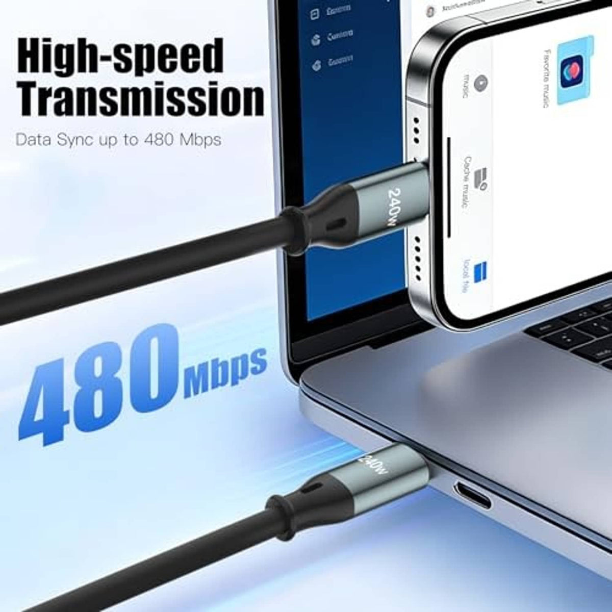 Coiled black USB-C to USB-C data charging cable with two metal USB-C plugs