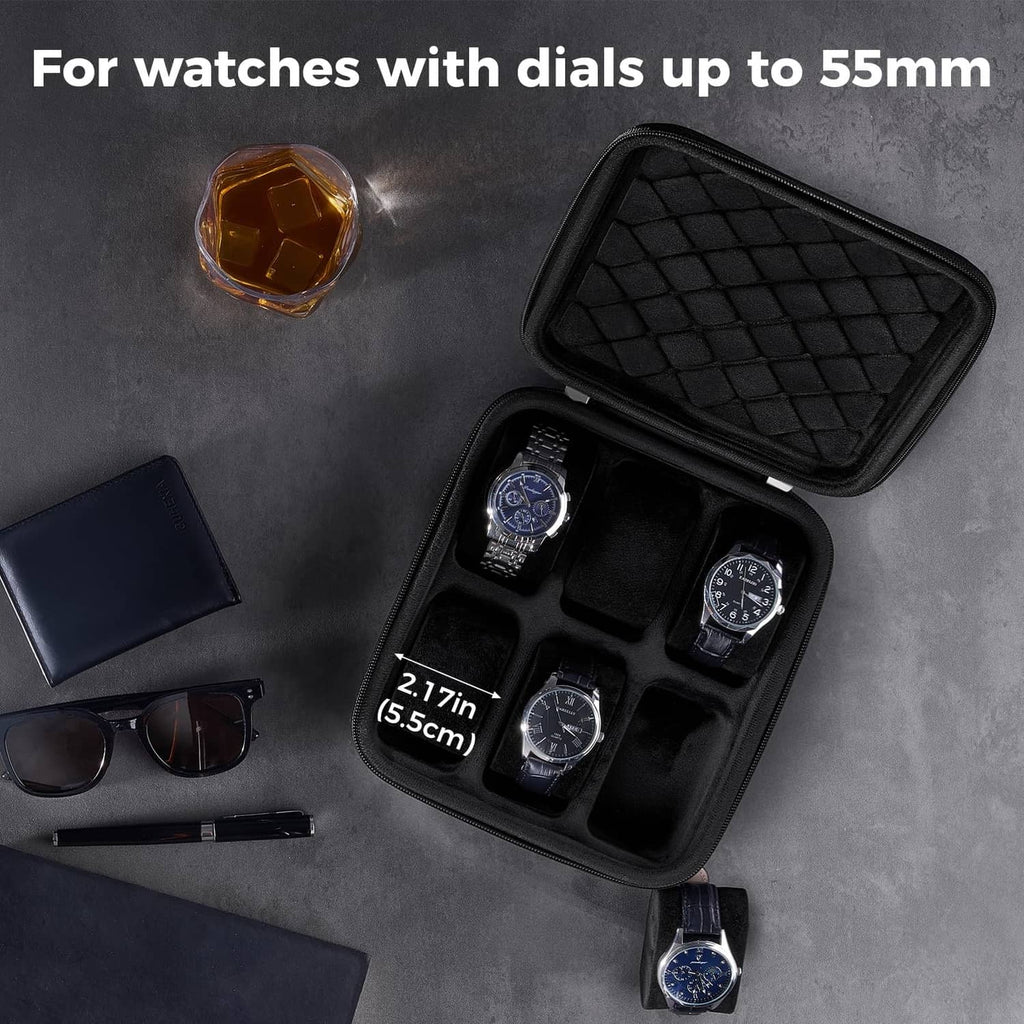 Black hard-shell watch case with molded slots holding several wristwatches