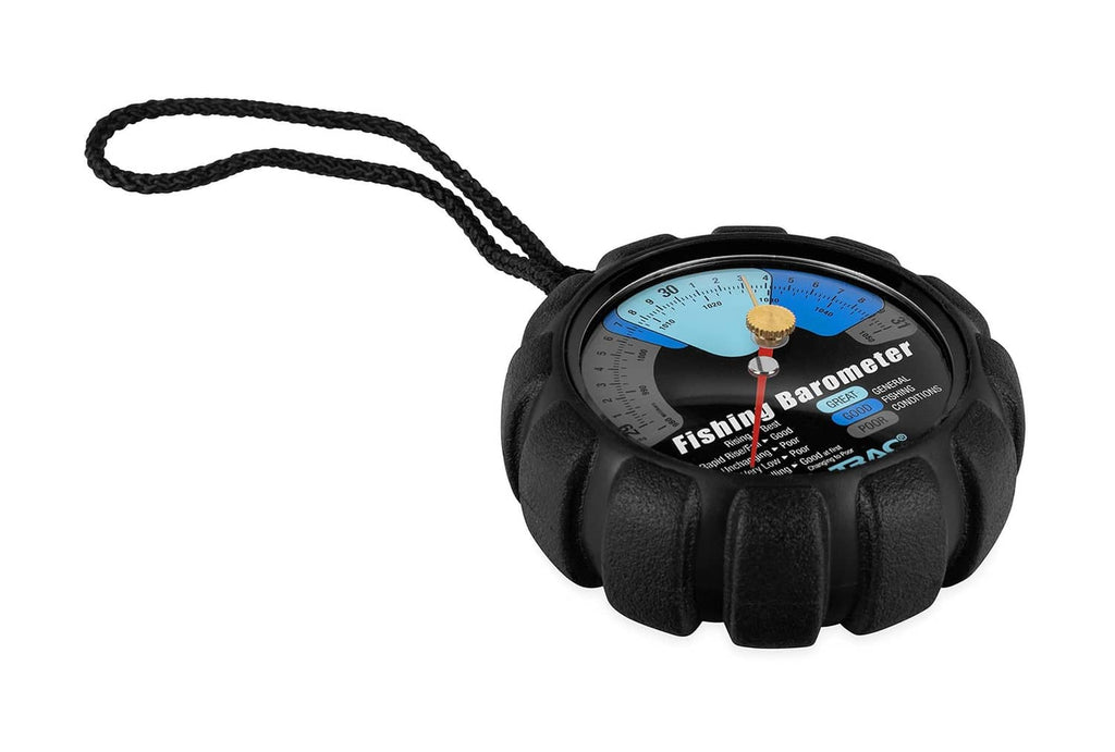 Black fishing barometer with rope loop, blue dial and red pointer in angled view