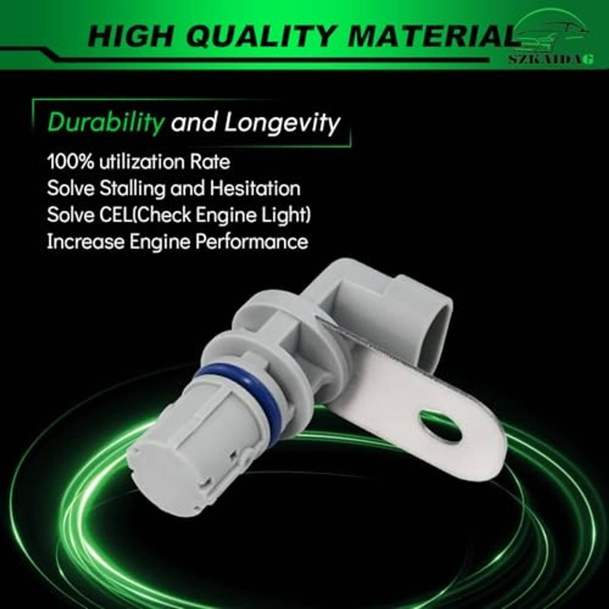Camshaft position sensor with gray housing, blue seal, and green status glow