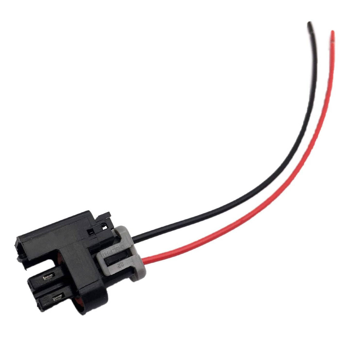 Fuel injector wire connector pigtail with black housing and red/black wires