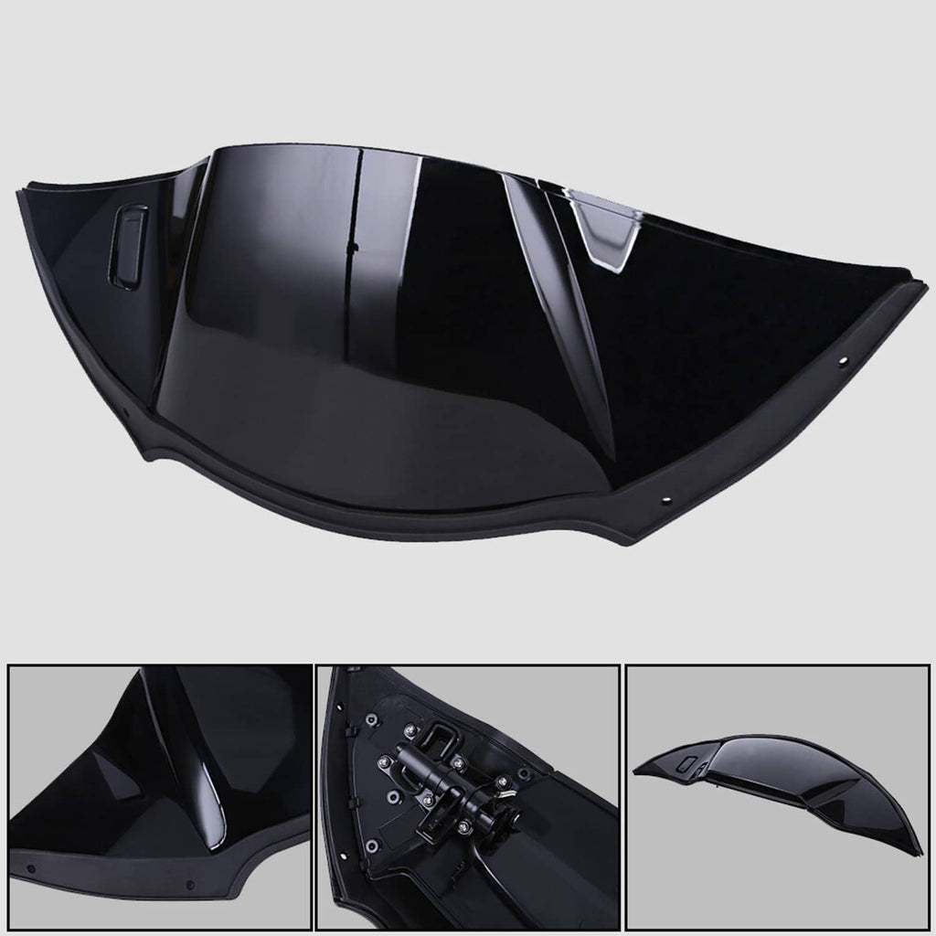 Black motorcycle air duct cover fairing, glossy curved panel with mounting tabs