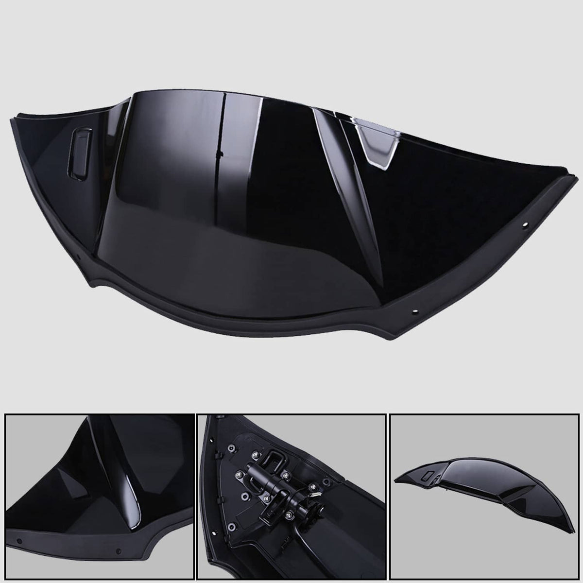 Black motorcycle air duct cover fairing, glossy curved panel with mounting tabs