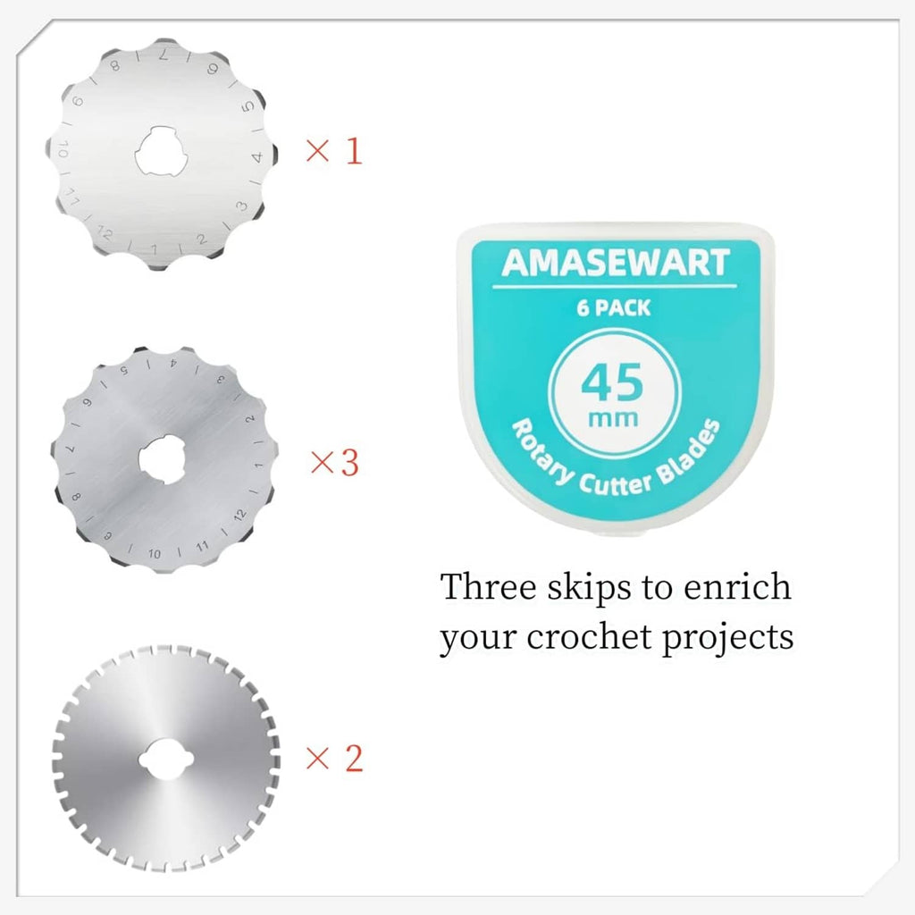 Skip-stitch rotary cutter blades set with 6-pack label and blade disc teeth mix