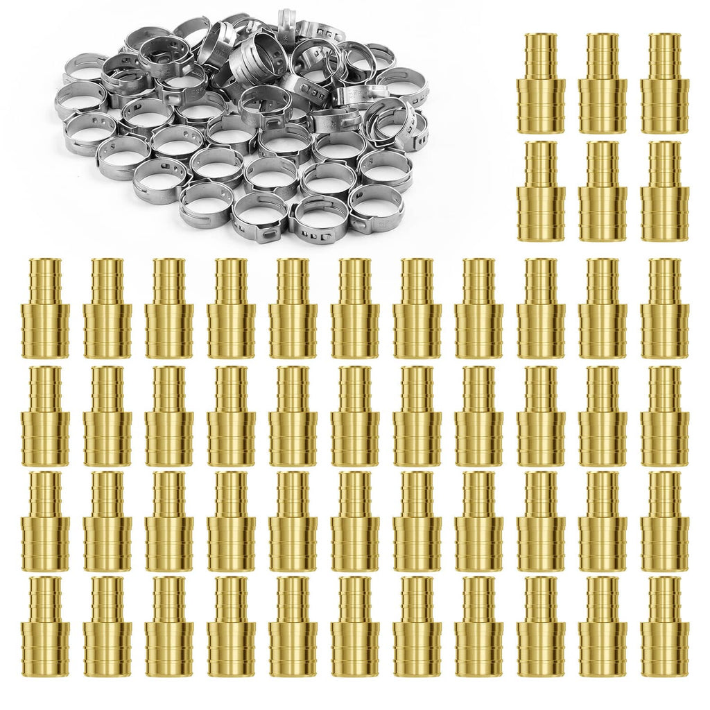 Brass clamp-style tube fittings set with 50 mixed brass and silver pieces
