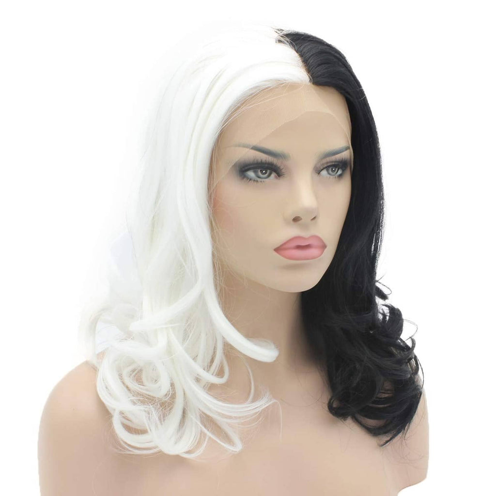 Two-tone wavy wig, medium length, half black half white with side part