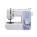 White portable sewing machine with front needle area and purple stitch guide panel