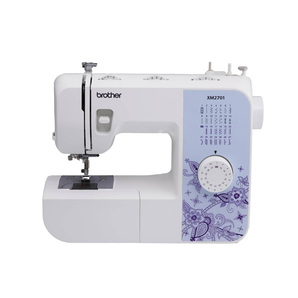 White portable sewing machine with front needle area and purple stitch guide panel
