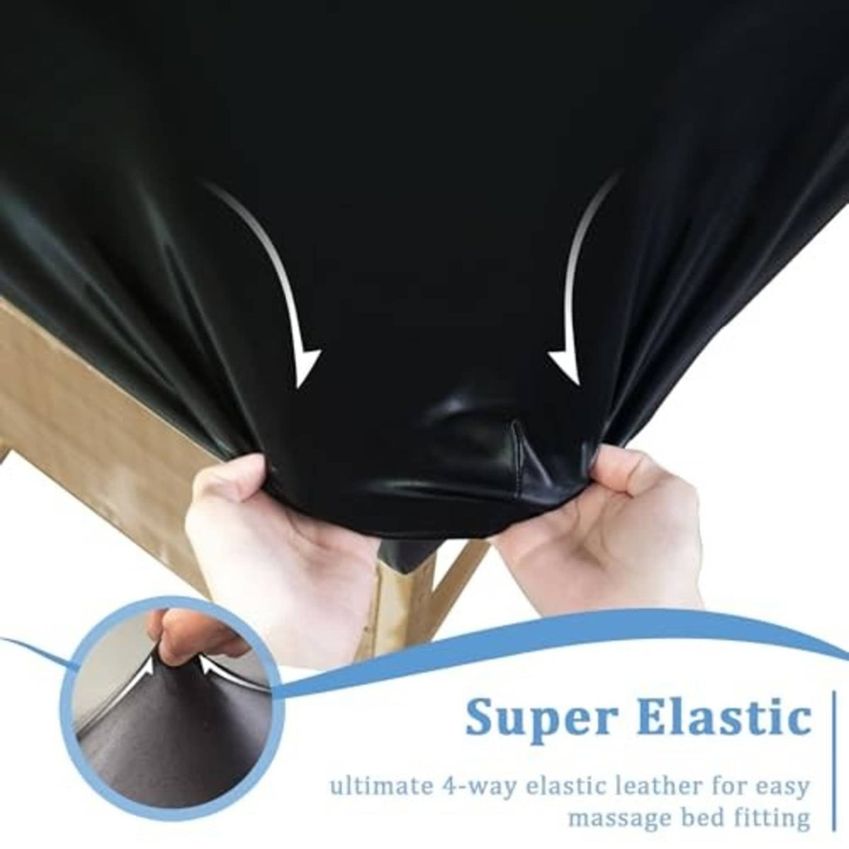 Black elastic leather massage table cover edge held for stretching fit