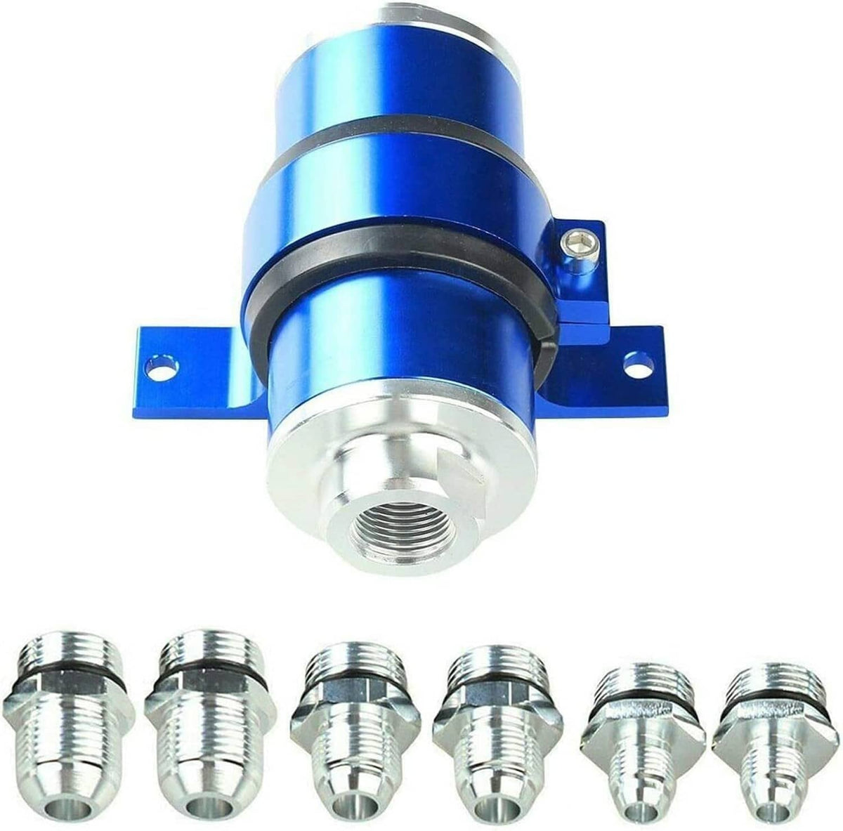 Blue billet inline fuel filter with mounting bracket and threaded AN ports