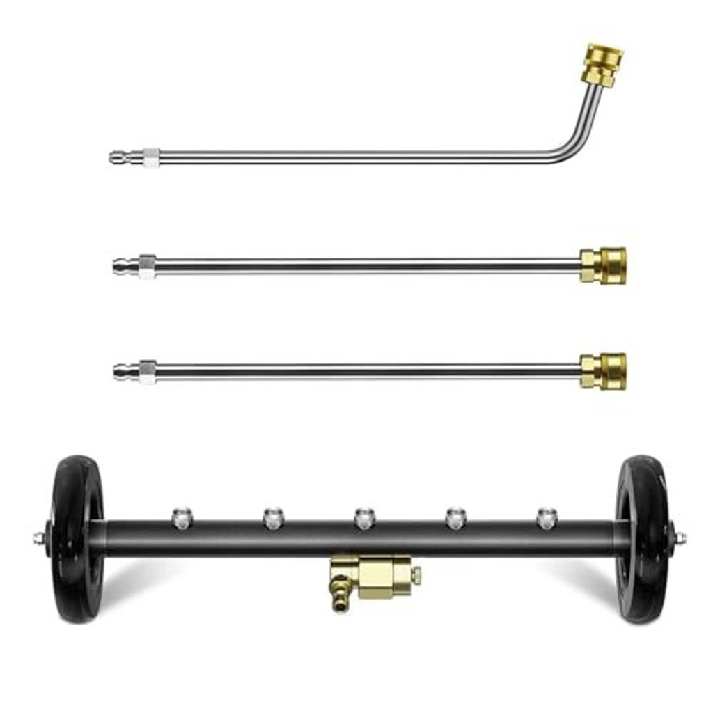 Undercarriage pressure washer cleaner set with black wheel bar and gold extension lances