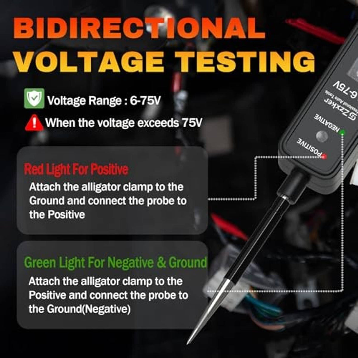 Black DC voltage tester with LED readout, pointed probe, and alligator clip cable