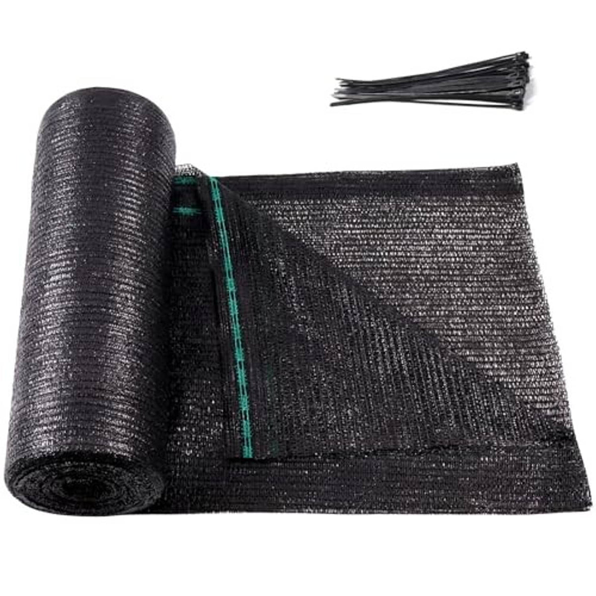 Black shade cloth roll with green stitched border and loose cut ends