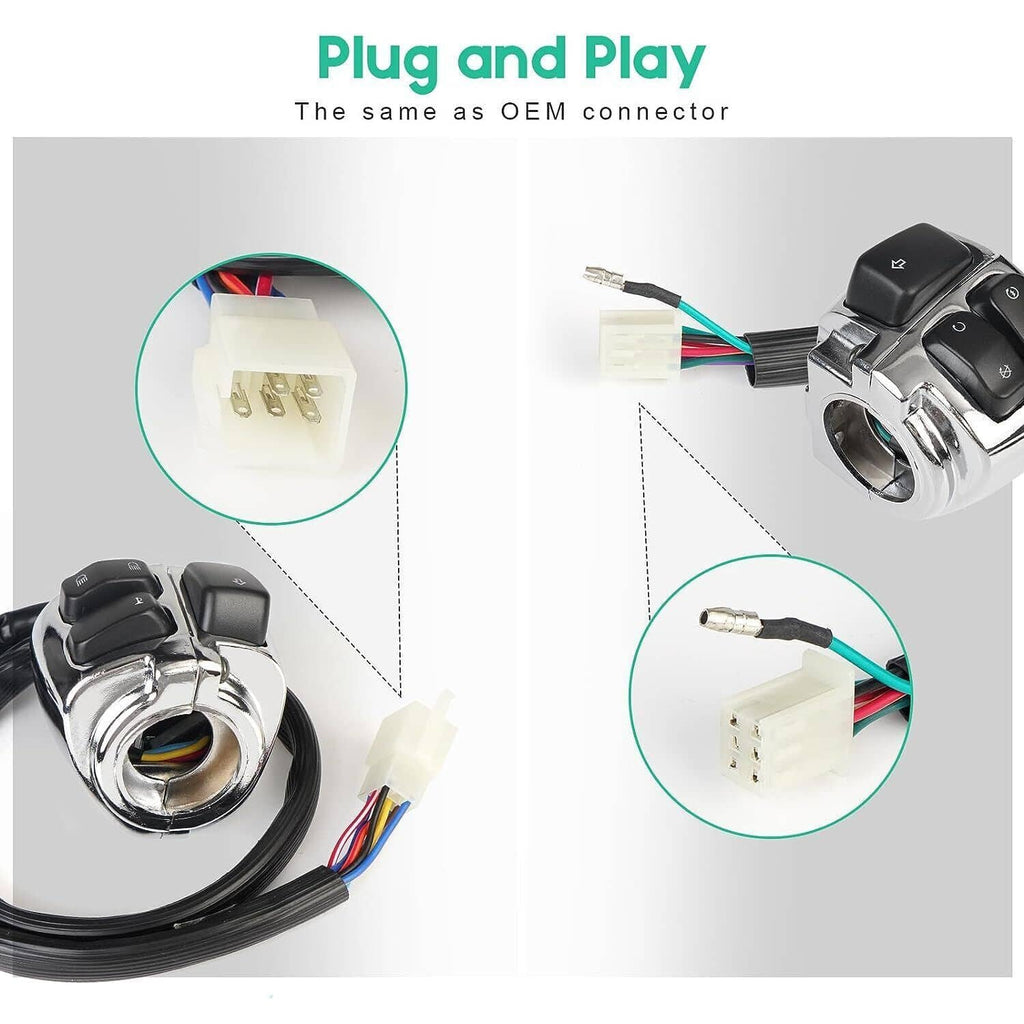 Motorcycle control switch plug-and-play wiring harness with connector sockets